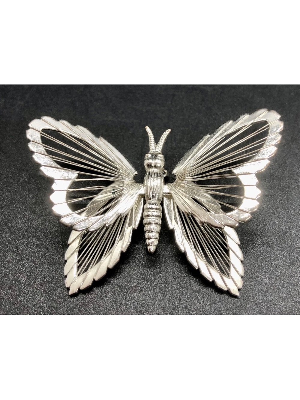 Vintage 1960s Monet Brooch Lapel Pin Butterfly Spinneret Shiny Silver Tone